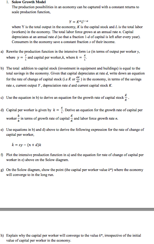 Solved 1. Solow Growth Model The production possibilities in | Chegg.com