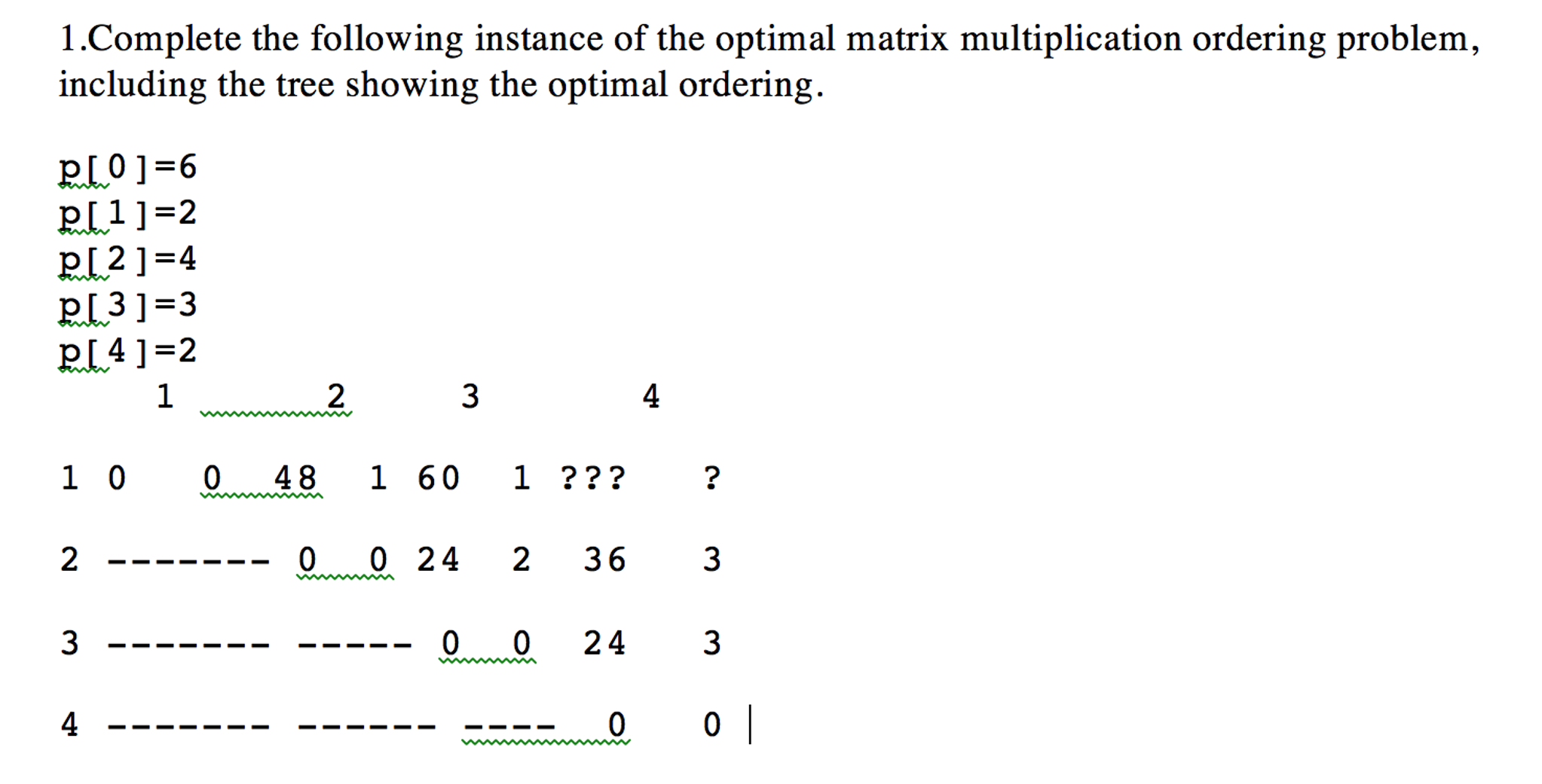 Complete the following instance of the optimal matrix | Chegg.com