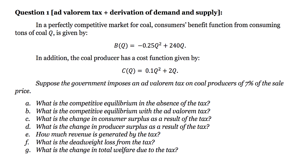 Solved Question 1 [ad valorem tax + derivation of demand and | Chegg.com