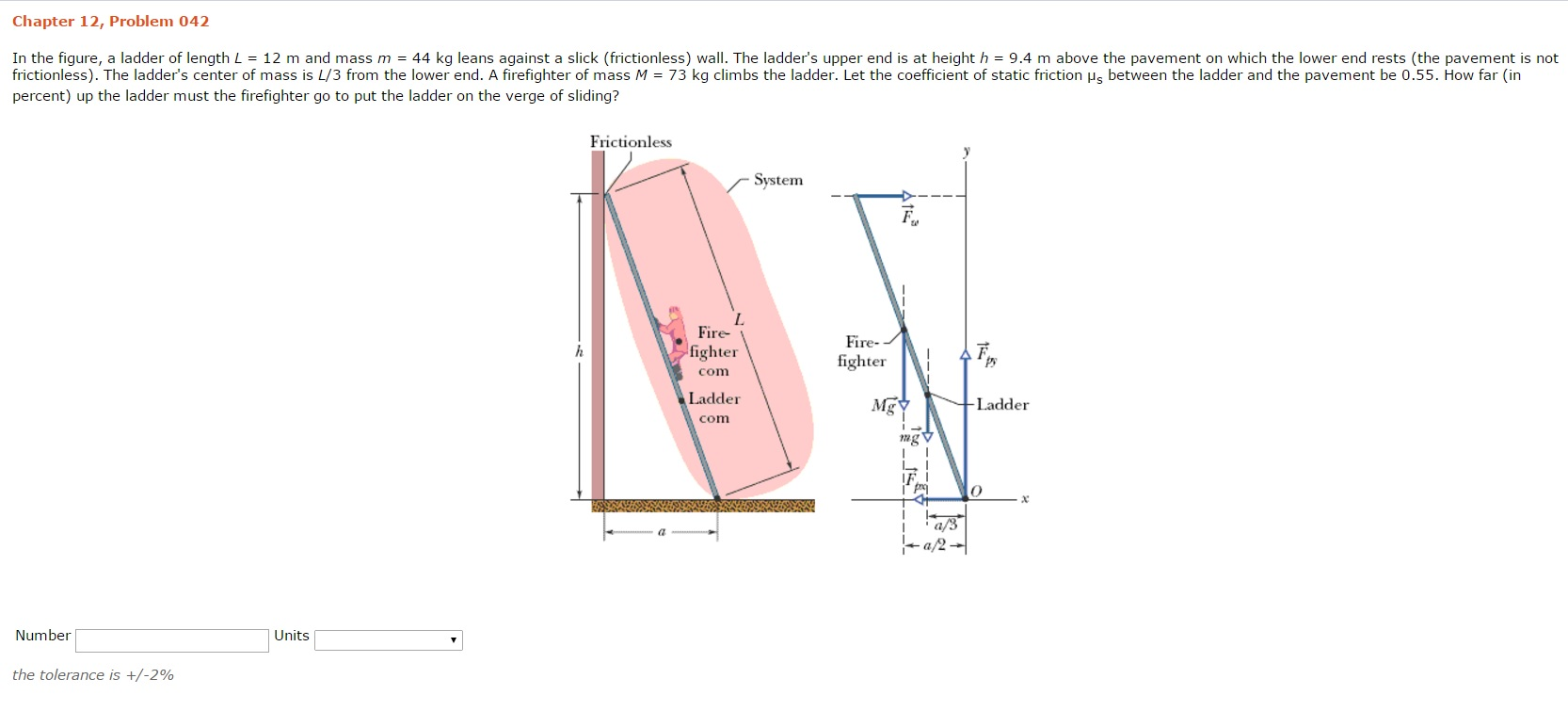Solved In the figure, a ladder of length L = 12 m and mass m