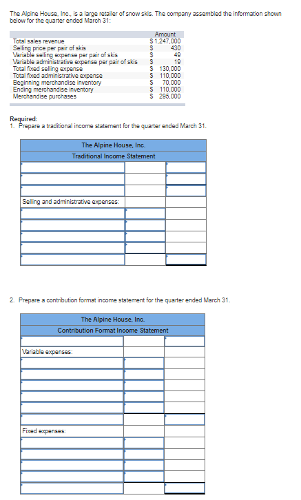 Solved The Alpine House, Inc., is a large retailer of snow | Chegg.com