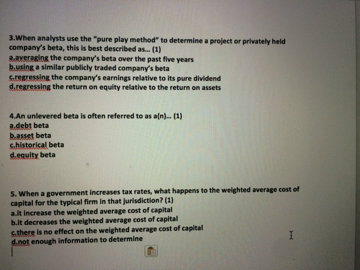 Solved When analysts use the "pure play method" to determine