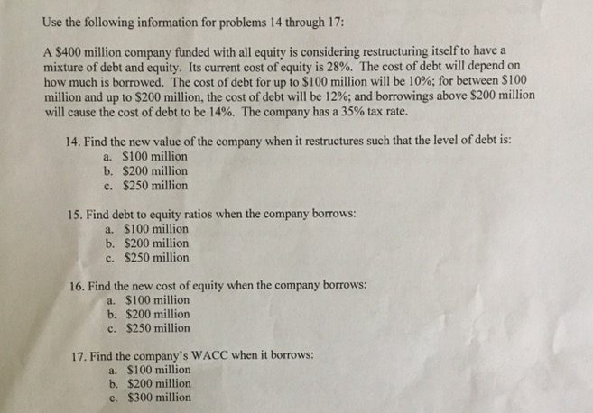 Solved Use The Following Information For Problems 14 Through | Chegg.com