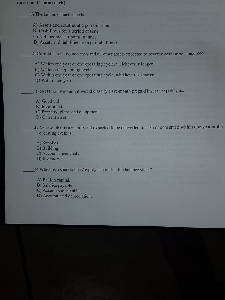 Question 1 Point Each 1 The Balance Sheet Reports A Assets And Equities At A Point In Time 