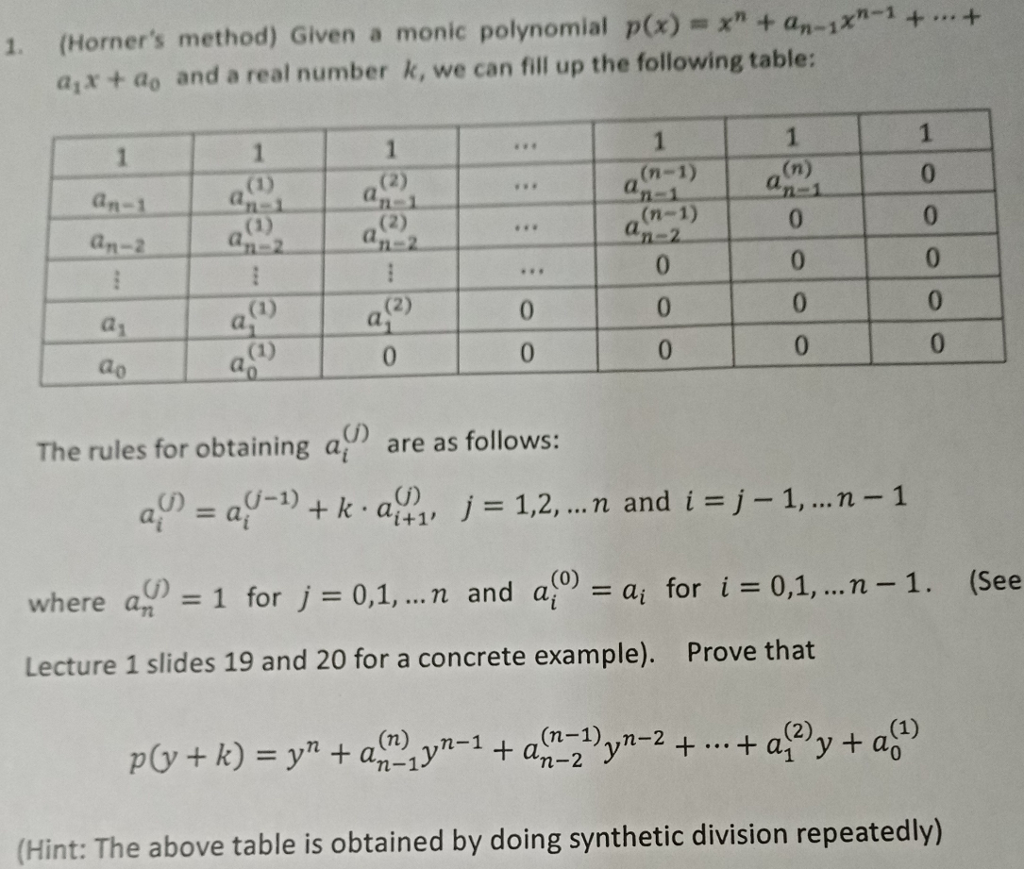 (Horner's method) Given a monic polynomial p(x)=x" | Chegg.com