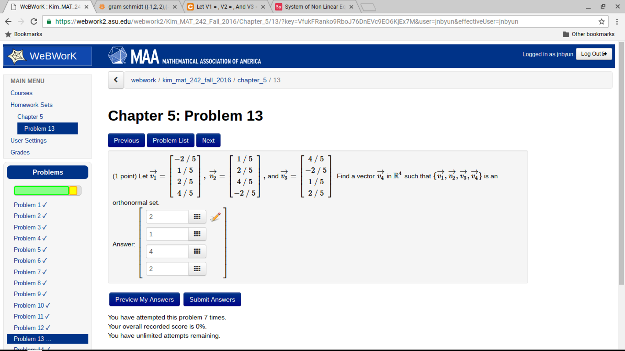 Solved D WeBWorK Kim MAT 24 X Gram Schmidt 12.2) X C Let V1 | Chegg.com