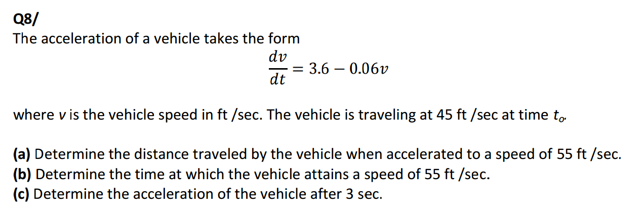 Solved The acceleration of a vehicle takes the form dv/dt = | Chegg.com