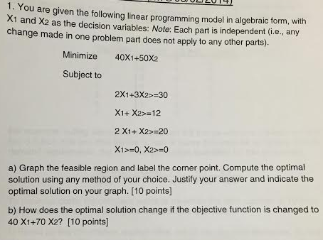 Solved 1. You are given the following linear programming | Chegg.com