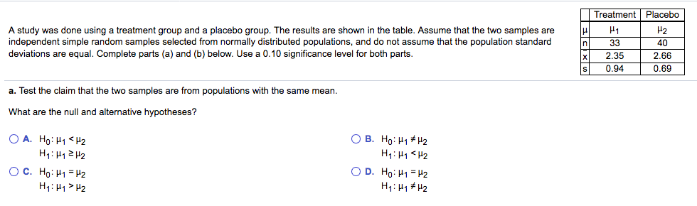 Solved A study was done using a treatment group and a | Chegg.com