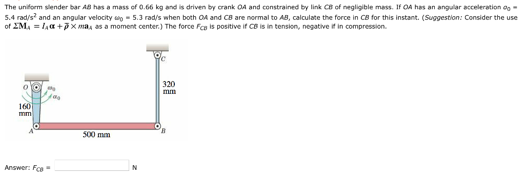 Solved The uniform slender bar AB has a mass of 0.66 kg and | Chegg.com