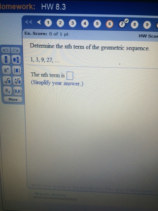 determine the nth term of the geometric sequence 1 3 9 27