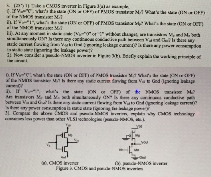 Solved 3. (25') 1). Take a CMOS inverter in Figure 3(a) as | Chegg.com