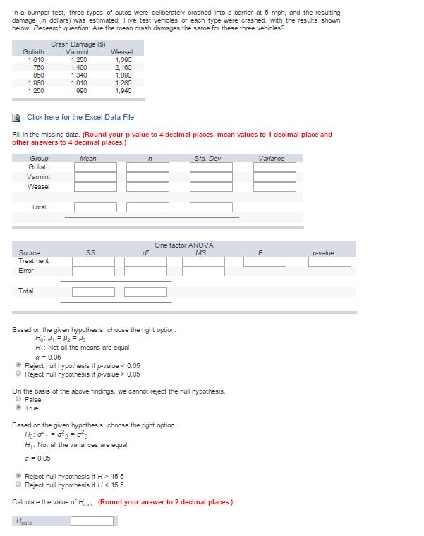 Solved In a bumper test, three types of autos were