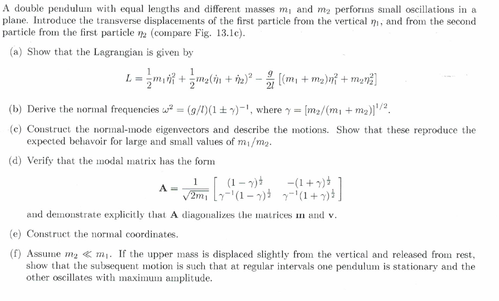 A double pendulum with equal lengths and different | Chegg.com