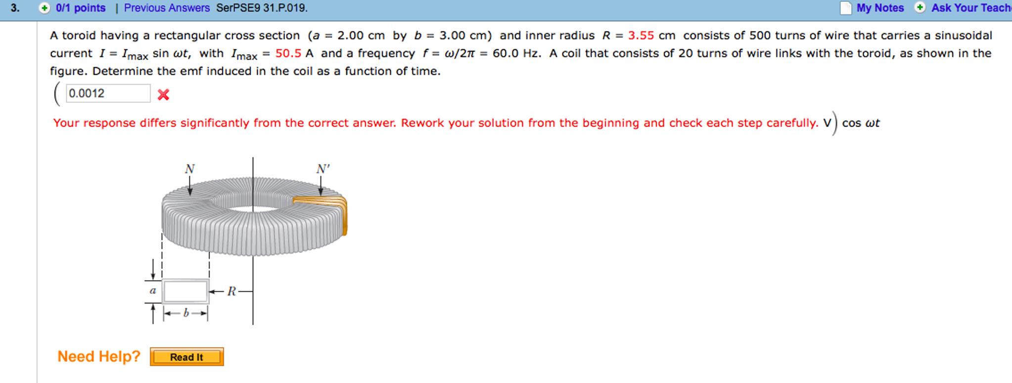 Solved A toroid having a rectangular cross section (a = 2.00 | Chegg.com