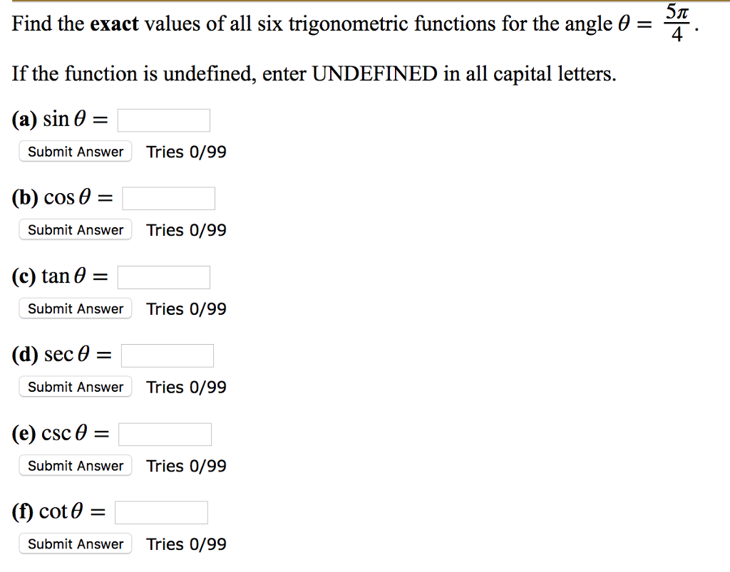 Solved Find the exact values of all six trigonometric | Chegg.com