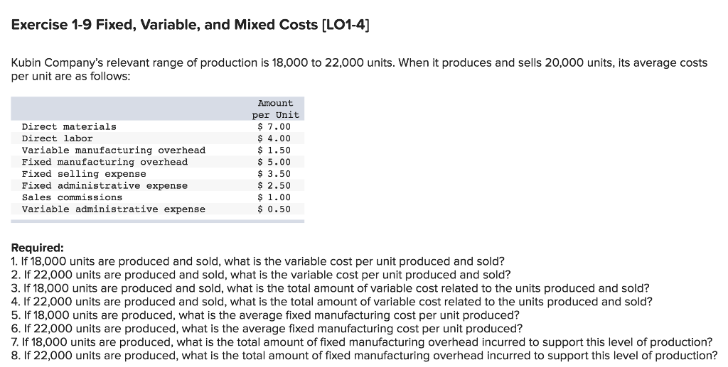 Solved Exercise 1 9 Fixed Variable And Mixed Costs Lo1 4 8392