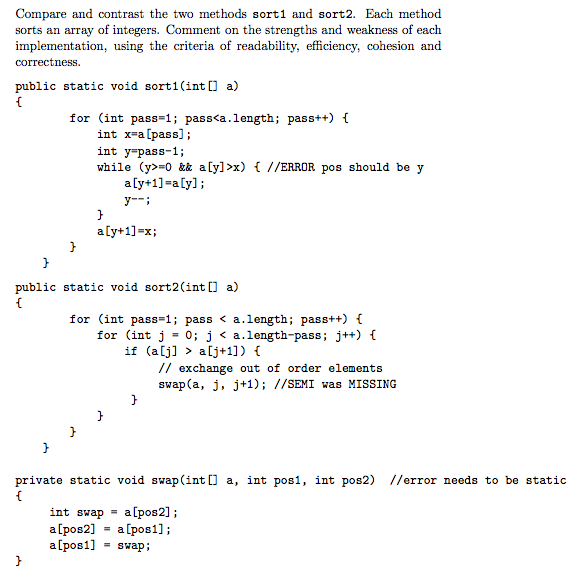 Solved Compare and contrast the two methods sort1 and sort2, | Chegg.com