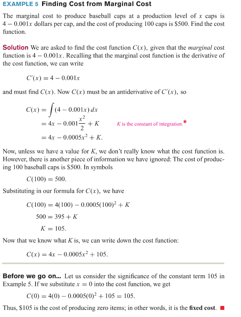 EXAMPLE 5 Finding Cost from Marginal Cost The