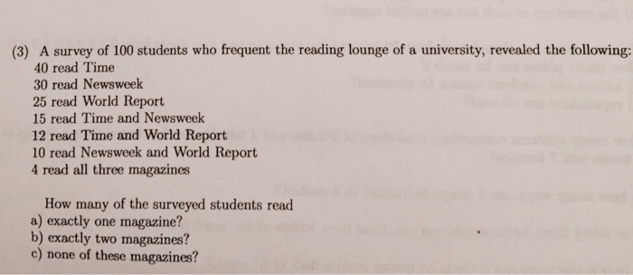 Solved (3) A survey of 100 students who frequent the reading | Chegg.com