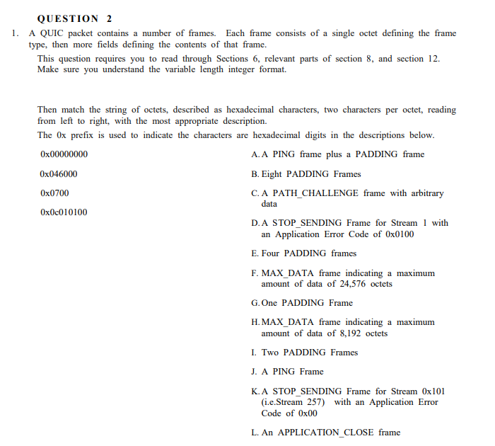 QUESTION 2 1. A QUIC packet contains a number of | Chegg.com