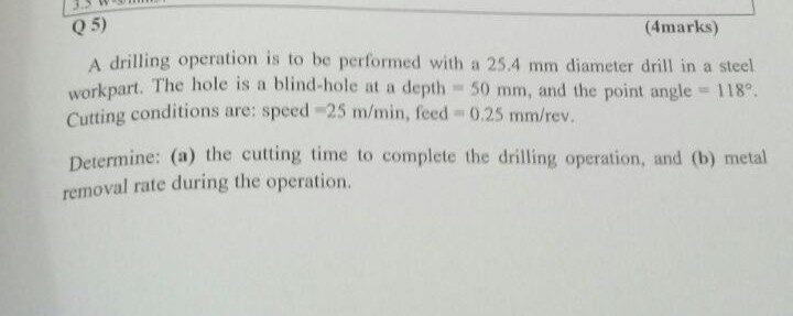 Solved 0 5) (4marks) A drilling operation is to be performed | Chegg.com