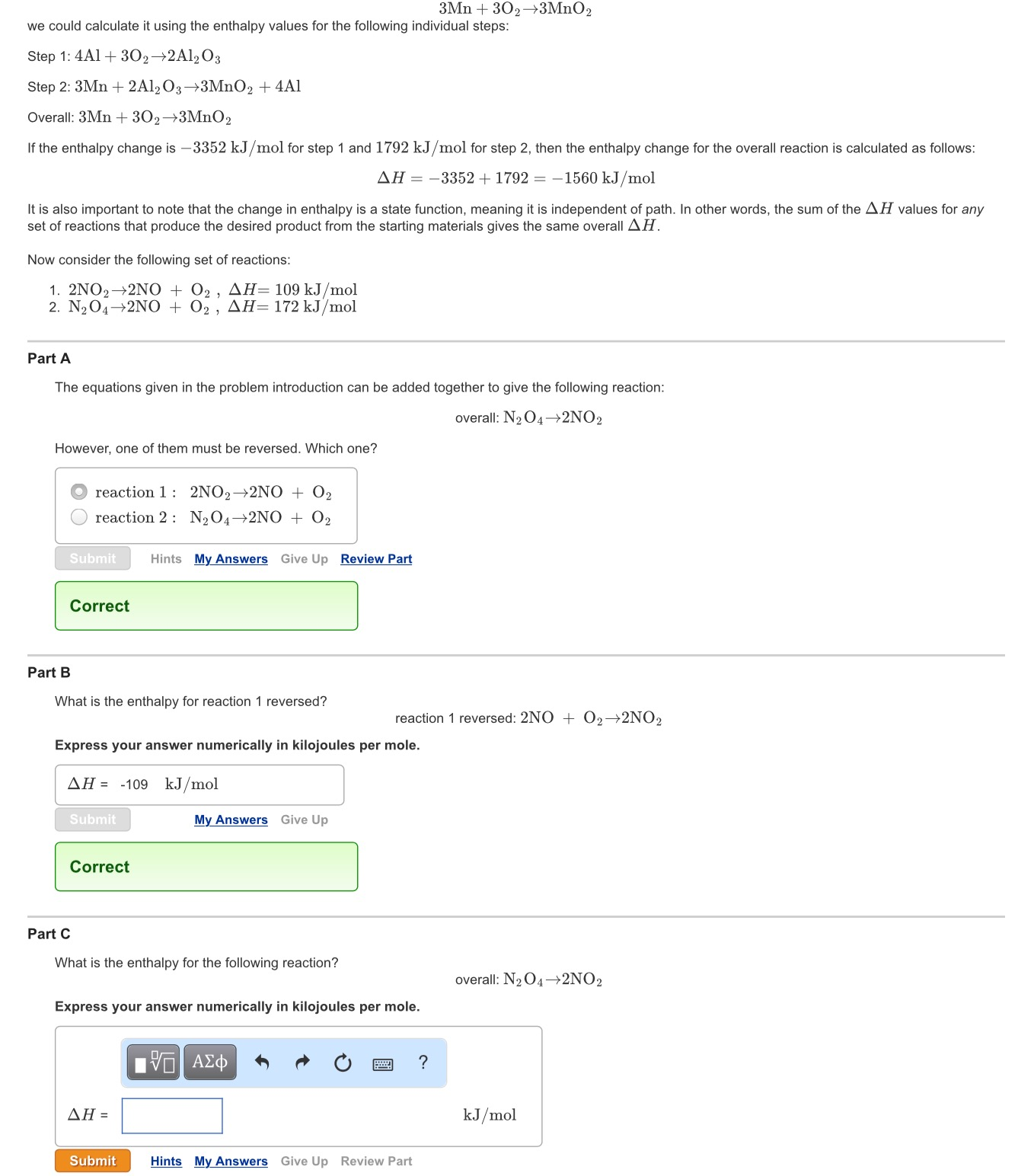 Solved What is the enthalpy for the following reaction? N2O4 | Chegg.com