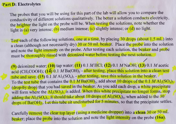 Solved: Electrolytes Experiment: Using The Part D: Electro... | Chegg.com