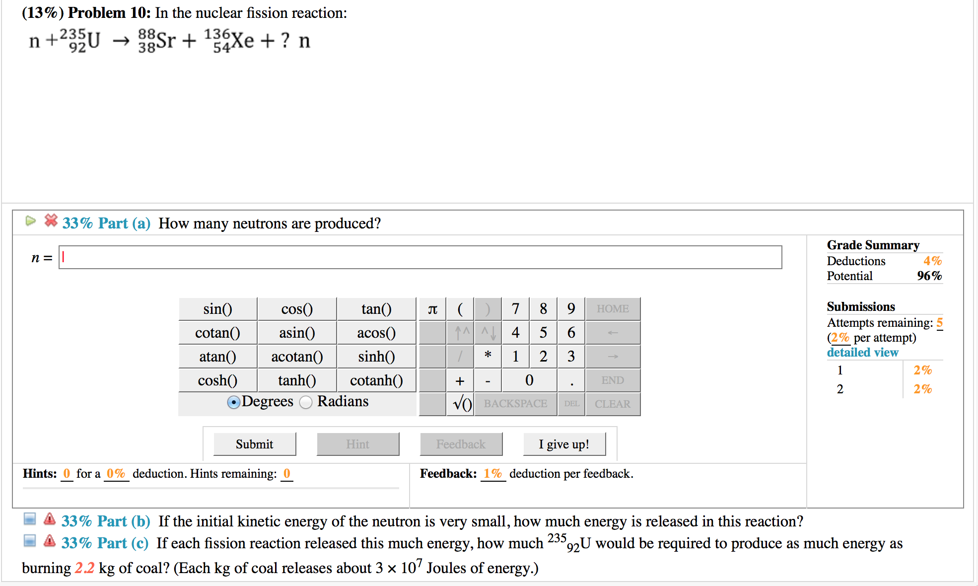 Solved In the nuclear fission reaction: n +^235_92 U | Chegg.com