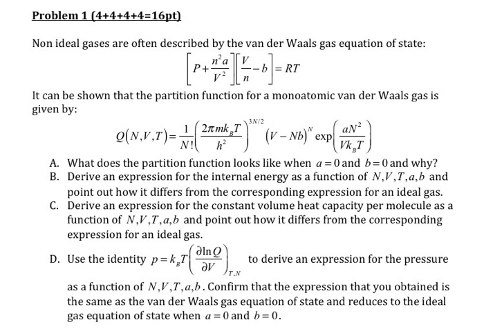 Solved Non Ideal Gases Are Often Described By The Van Der Chegg Com