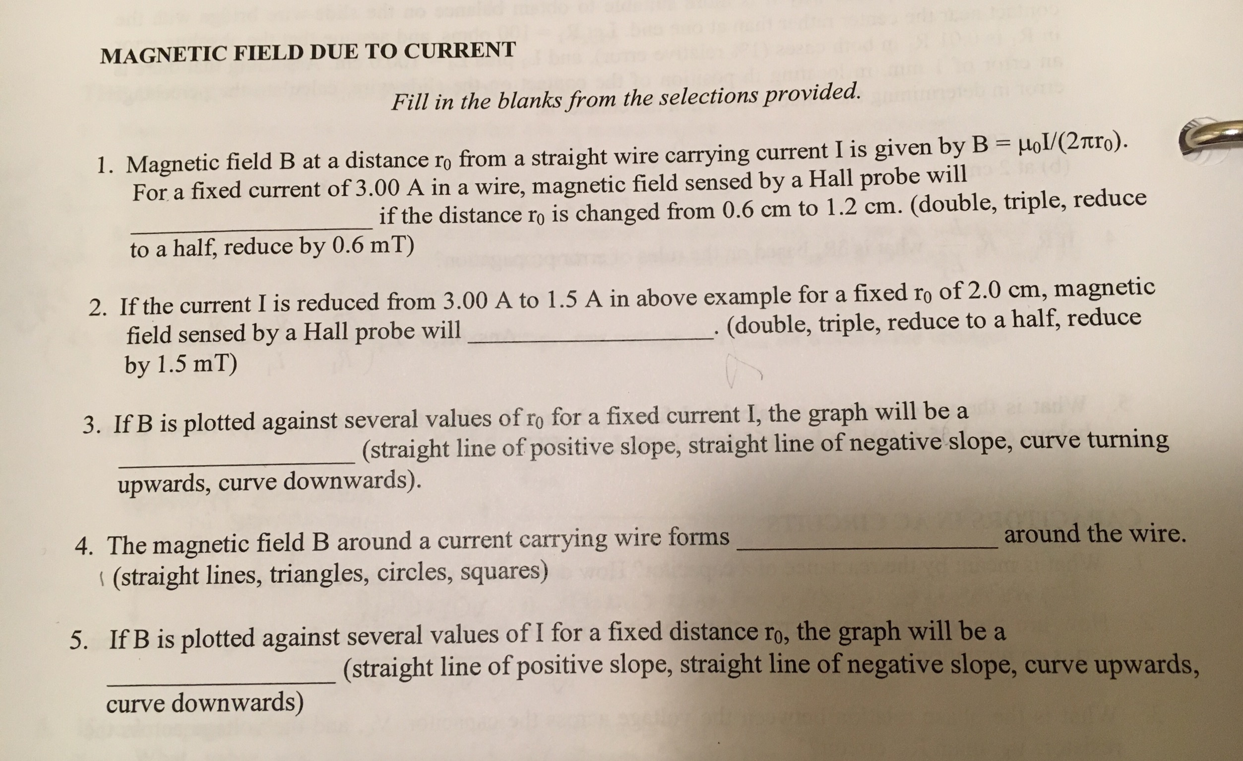 Solved Magnetic field B at a distance r0 from a straight | Chegg.com