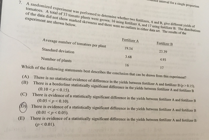 a randomized experiment was performed to determine whether two fertilizers