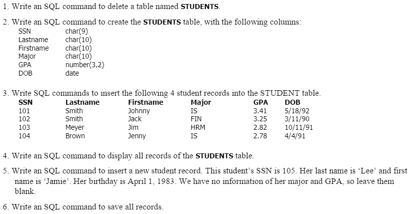 Solved Write an SQL command to delete a table named | Chegg.com