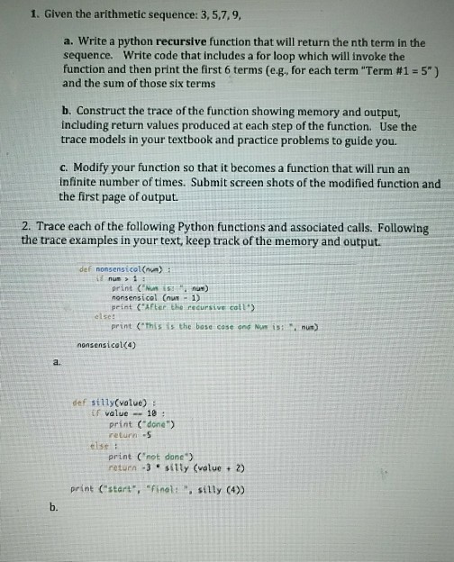 Solved 1. Given the arithmetic sequence: 3, 5,7,9, a. Write | Chegg.com