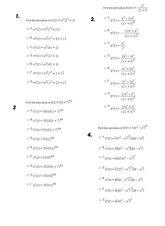 Solved Find the derivative of m(z) = e^z(z^2 + z) A. m'(z) | Chegg.com