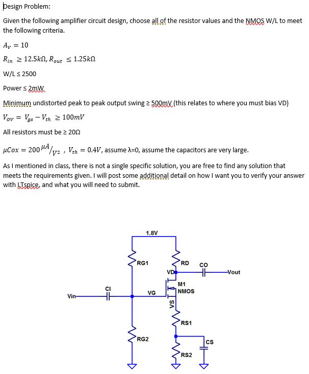 Solved Design problem: Given the following amplifier circuit | Chegg.com