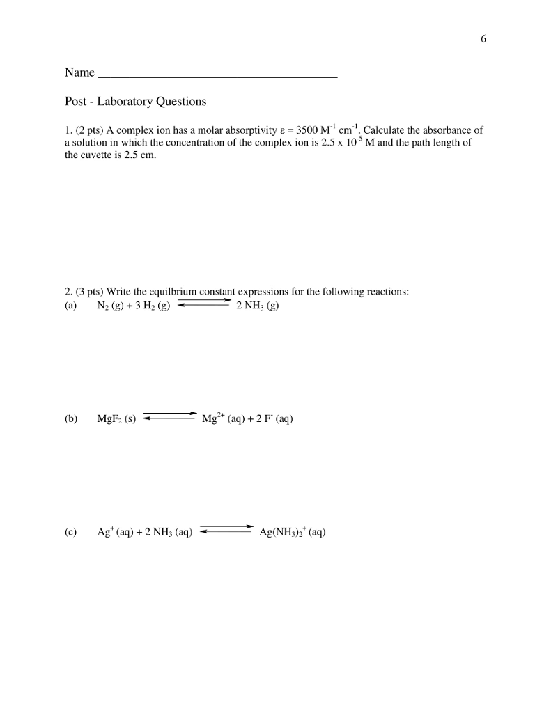 Solved Name Post - Laboratory Questions l. (2 pts) A complex | Chegg.com