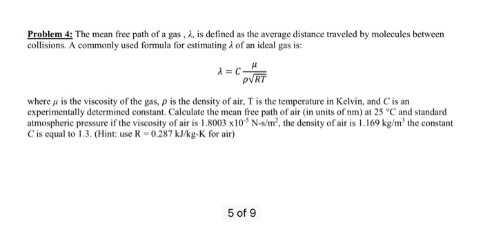 Solved The mean free path of a gas, lambda, is defined as | Chegg.com