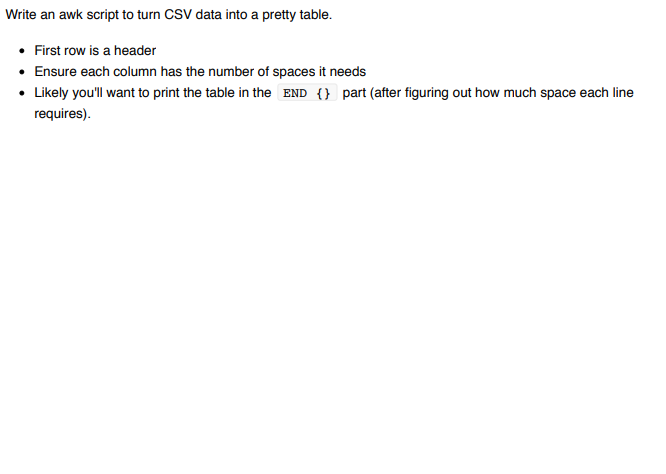 Solved Write an awk script to turn CSV data into a pretty Chegg