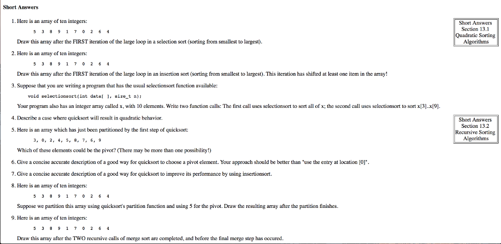 Solved Short Answers 1. Here is an array of ten integers: | Chegg.com