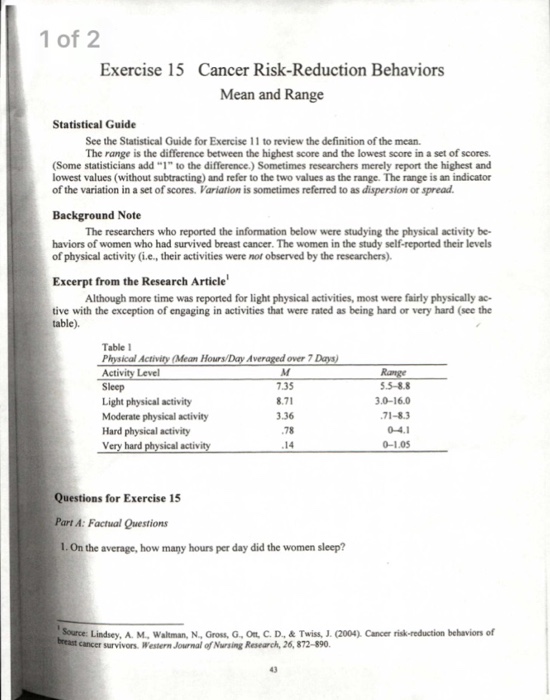 Solved 1 of 2 Exercise 15 Cancer Risk-Reduction Behaviors | Chegg.com
