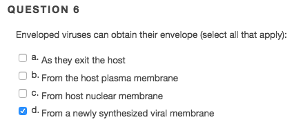 Solved QUESTION 6 Enveloped viruses can obtain their | Chegg.com