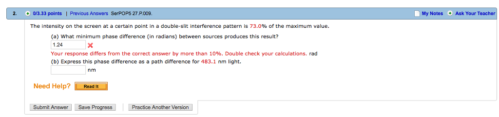 Solved The intensity on the screen at a certain point in a | Chegg.com