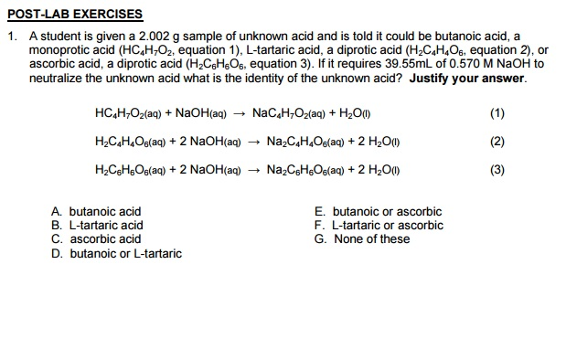 Solved A student is given a 2.002 g sample of unknown acid | Chegg.com