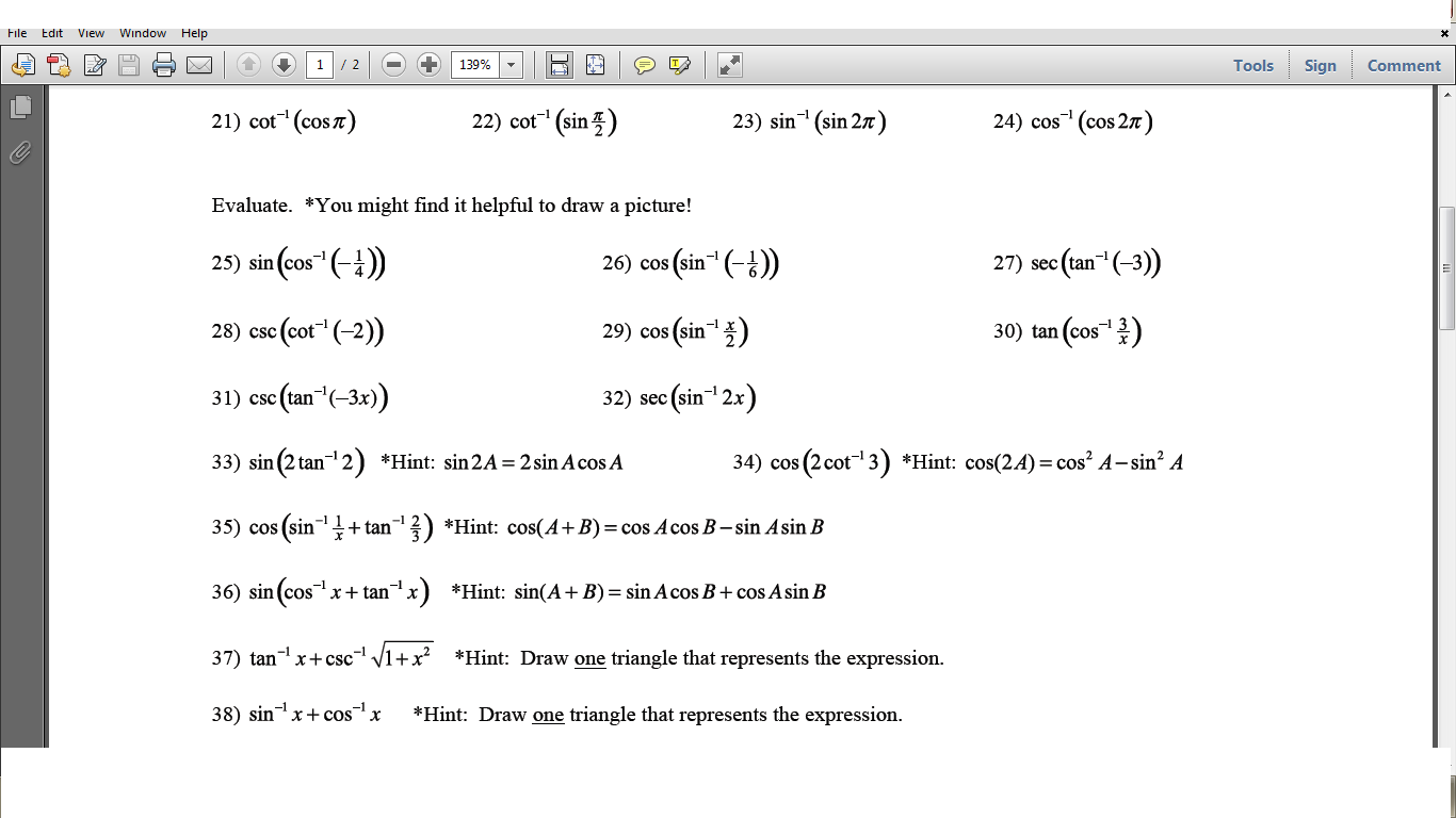 Solved Cot 1 Cos Pi Cot 1 Sin Pi 2 Sin 1 Sin 2pi Cos Chegg Com