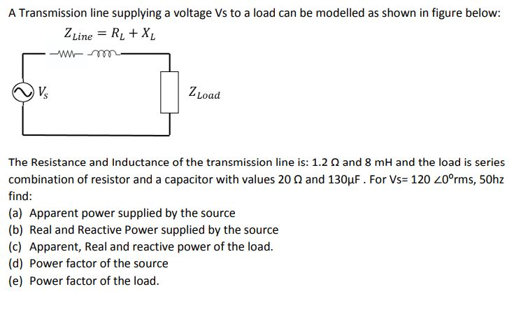 Solved A Transmission line supplying a voltage Vs to a load | Chegg.com