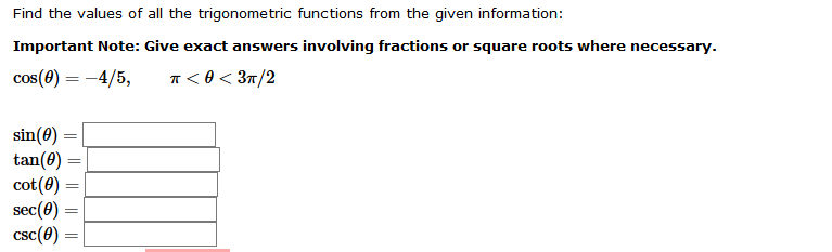 Solved Find the values of all the trigonometric functions | Chegg.com