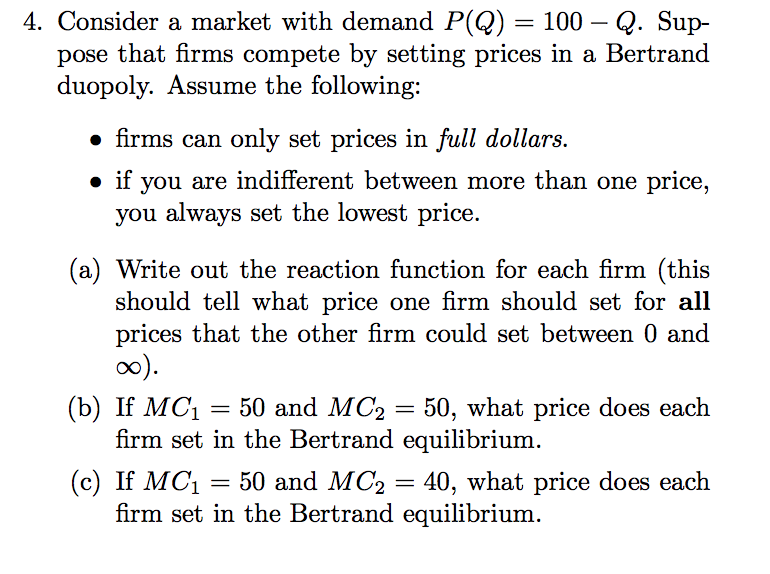 Solved 4. Consider a market with demand P(Q) 100 Q. Sup- ose | Chegg.com