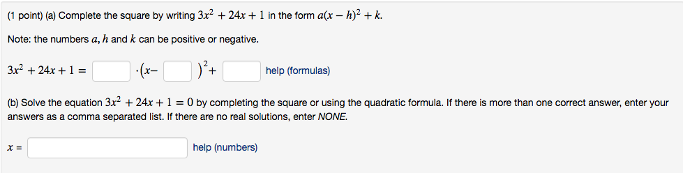 Solved a Complete The Square By Writing 3x 2 24x 1 In Chegg