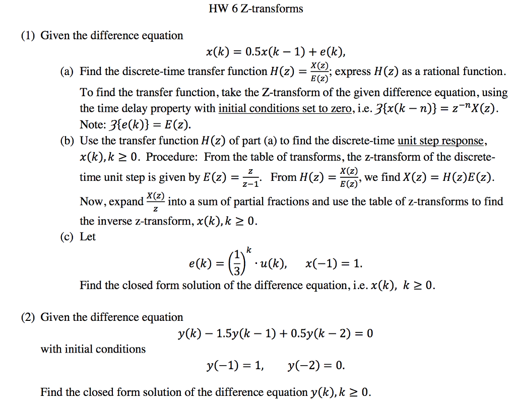 Solved Hw 6 Z Transforms 1 Given The Difference Equation